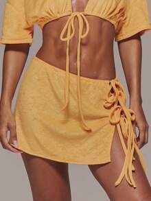 MUSERA Low Waist Tie Side Towling Mini Skirt Coord Skirt Only Cute Spring Holiday Vacation Occasion Ibiza Elegant Limonada - Orange - View 1