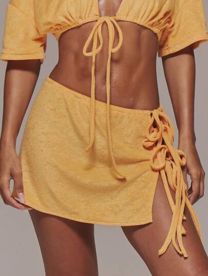 MUSERA Low Waist Tie Side Towling Mini Skirt Coord Skirt Only Cute Spring Holiday Vacation Occasion Ibiza Elegant Limonada