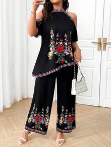 SHEIN Tall CURVE Plus Size Women's Retro Print Casual Elegant Vacation Bohemian Off-Shoulder Asymmetric Hem Top And Simple Long Pants 2-Piece Set - Black - View 4