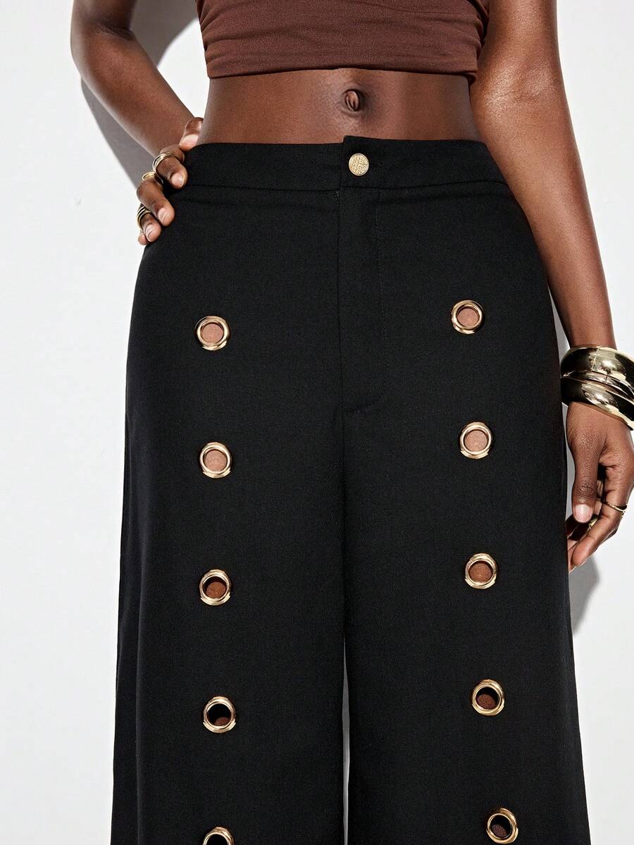 GENKIRA Black High Waist Loose Wide Leg Floor Length Pants, Front Metal Eyelet Design, Punk Casual Versatile - Black - View 1