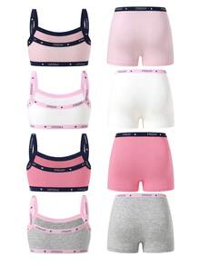 4pcs/Set Girls' Cotton Solid Color Camisole & Boyshort Underwear Set, Includes Pink, Light Yellow, Light Purple, Burgundy - Multicolor - View 2