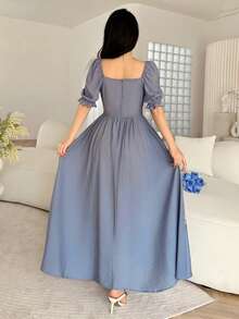 xheFeyla Nuevo diseño de vestido romántico para vacaciones con cuello cuadrado, cintura fruncida y bordadoxhe - Azul - Ver 7
