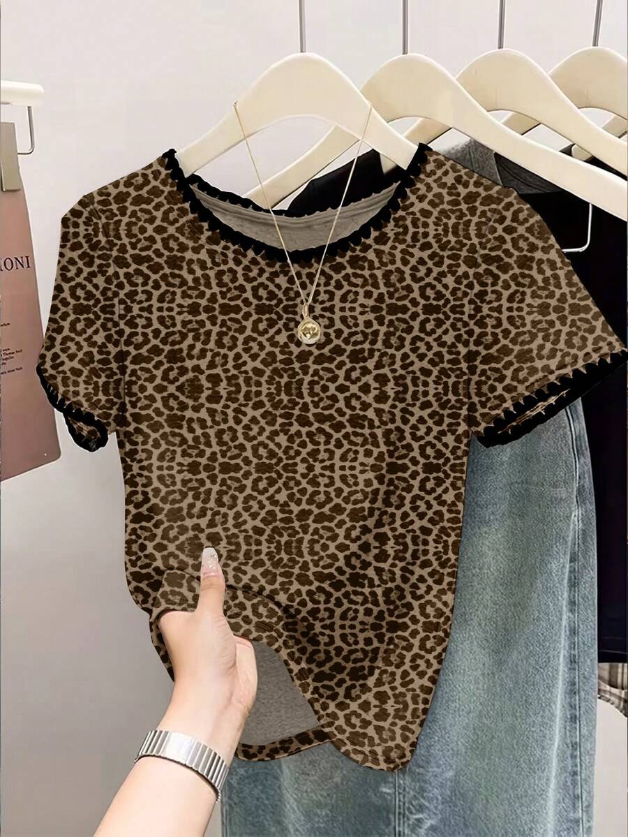 Resyla 女士豹纹圆领休闲百搭日常短袖T恤 - 白色 - 查看 1