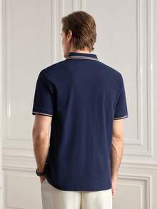 Officeau 1 件男士短袖纯色 Polo 衫，休闲商务风格翻领，夏季 - 藏蓝色 - 查看 3