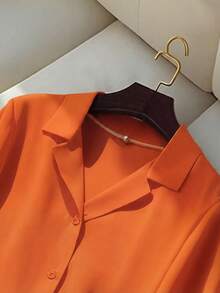 Franclia Chemise à manches courtes col chemisier couleur unie polyvalente et décontractée pour femmes, été - Orange - Voir 4