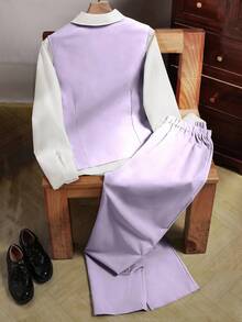 SHEIN 2pcs/Set Teen Boy Gentleman Outfit,Summer Mint Green Slim Fit Vest,Textured Long Pants,Elegant Formal Suit For Birthday,Wedding,Graduation,Pageboy - Purple - View 2
