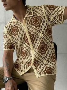 Manfinity LEGND Men's Water-Soluble Embroidered Open Front Short Sleeve Cardigan - Coffee Brown - View 5