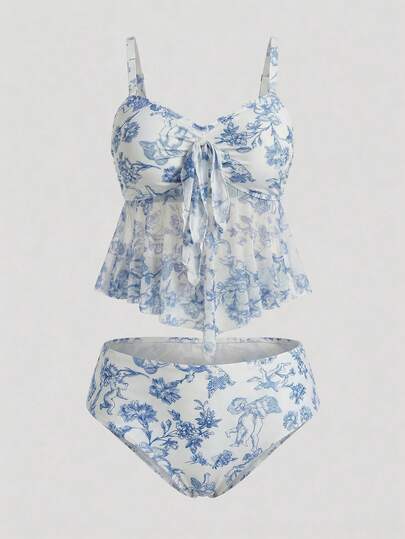 Sweetra CURVE Plus Size Floral Print Tankini Swimwear Set, Vacation Beach For Summer