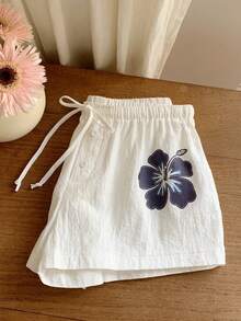 Comfortcana 女士印花抽绳腰休闲短裤，棉麻材质 - 白色 - 查看 6