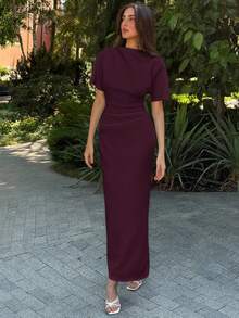 Aloruh New Solid Color Versatile Elegant Intellectual Minimalist Office Commute Ruched Decor Loose Top Tight Waist Midi Sheath Dress,Summer Dresses For Women - Purple - View 7