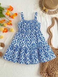 Travachic KIDS Young Girl Floral Print Ruffle Hem Bohemian Style Summer Dress - Blue and White - View 5