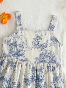 Travachic KIDS Đầm hè phong cách Bohemian in hoa cho bé gái, viền bèo nhún. - Xanh và trắng - Xem 4