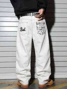 Manfinity EMRG Vintage Music Note & Smiling Face Letter "Bad" Graffiti Print Loose Fit Wide Leg Jeans, Casual Street Style Straight Leg Denim Pants Baggy Jeans Y2k Men Harajuku Pants Spring To Summer - White - View 1