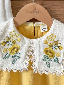 Elladie kids 2026新款女童夏季柔软舒适面料时尚连衣裙，度假旅行必备，舒适休闲质感面料，翻领花卉刺绣A字百搭短袖连衣裙，适合春夏日常穿着、居家、外出、旅行、上学等场合。 - 黃色 - 查看 8