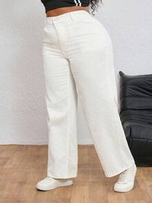SHEIN EZwear 大码女式牛仔钩编直筒裤 - 米色 - 查看 5
