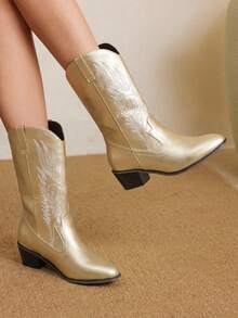 Styleloop Women's Red Western Embroidered Pull-On Ankle Boots, Leather Motorcycle Knee-High Boots, Chunky Heel Mid-Calf Boots - Golden leather - View 2