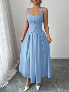 SHEIN Raffinéa 女士时尚无袖方领单排扣背心和百褶喇叭裙两件套，百搭日常装 - 藍色 - 查看 6