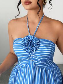 Elenzga Women's Fashionable Elegant Halter Backless Tie Strap Striped Dress - Blue and White - View 1