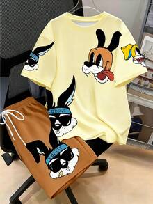 Claim Dot 男士兔子和狗卡通印花宽松休闲运动T恤套装，夏季 - 彩色 - 查看 1