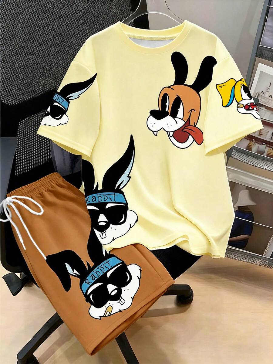 Claim Dot 男士兔子和狗卡通印花宽松休闲运动T恤套装，夏季 - 彩色 - 查看 1