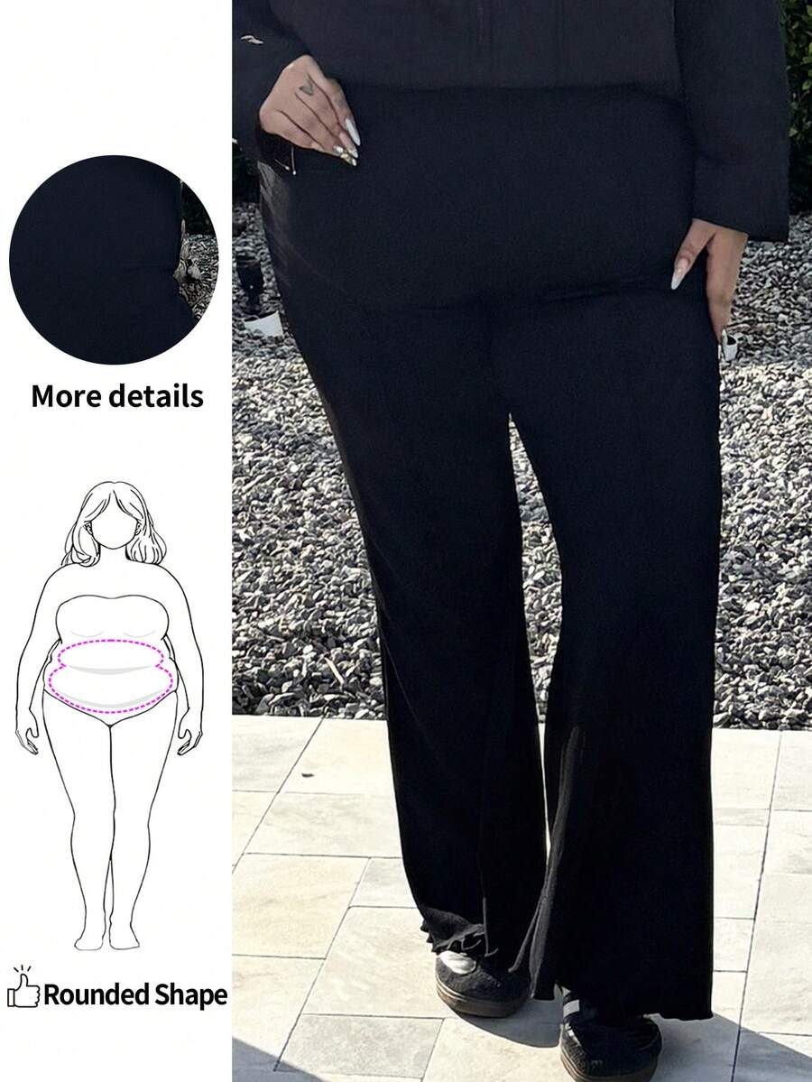 Enliva 黑色百搭分割式高腰喇叭褲，適用於大碼女性 - 黑色 - 查看 1