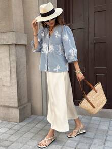 SHEIN Clasi Women's Elegant Blue And White Stripe Embroidered Sequin V-Neck Lantern Sleeve Loose Blouse, Casual Tea Party & Autumn Vacations For Women - Blue - View 5