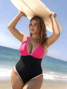 Swim SPRTY Traje de baño de una pieza con volantes en el bajo y corte cruzado en el cuello para mujer talla grande, nueva colección Primavera/Verano 2026 - Multicolor - Ver 5