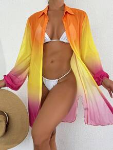 SHEIN Swim Kimono de cubrir, estampado aleatorio en el cuello, otros estampados florales - Mostaza Amarilla - Ver 1