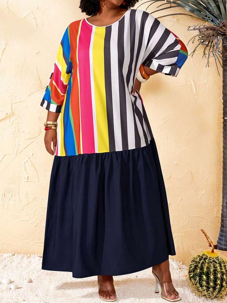 Plus Size Women's Summer Casual Vacation Color Striped Patchwork Loose Fit Long Dress For Summer/ Vacation,Summer Holiday,Spring Break Outfits ,Vacation Outfits Women ,Holiday Outfits For Women,Going Out Outfits,2026 New Clothes,Simple And Fashionable For Everyday Wear,Casual Dresses For Women,Flowy Long Dress ,Suitable For Summer, Vacation, Commute, Daily Wear Plus Size Casual Dress Summer Plus Size Dress