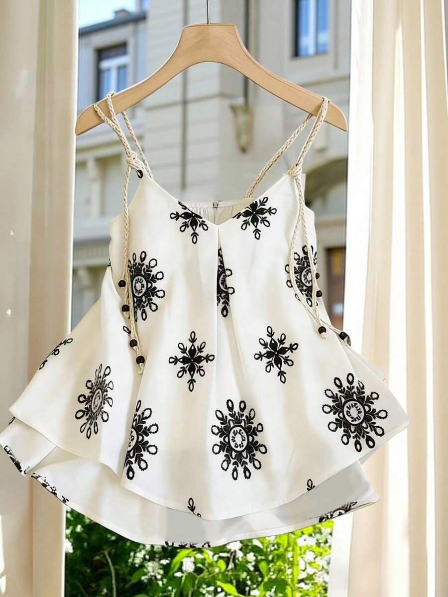 Franclia 优雅法式风格，梭织印花竹纤维面料，V领轻盈性感宽松版型，青春活力，适合度假、海滩、约会、通勤、学生、海滩假日等各种场合，新款夏季女士背心 - 黑與白 - 查看 1