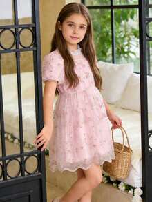 Elladie kids 女童优雅花瓣袖玫瑰提花蕾丝网纱公主裙，女童夏季新款时尚仙女裙，1 件套 - 粉色 - 查看 7