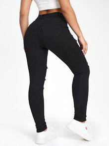 Jeanoix Plus Size Solid Color Distressed Skinny Jeans - Black - View 2