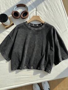 Comfortcana 加大码纯棉水洗雪花短袖T恤，春季 - 黑色 - 查看 4