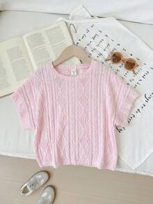 SHEIN Áo thun tay ngắn raglan cổ tròn, chất liệu vải dệt, dáng rộng, thoải mái dành cho bé gái tuổi teen. - Màu Hồng baby - Xem 3