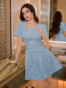 Modelyn Yellow Jacquard Design Waist Cinching Elegant Dress For Women, Suitable For Outings And Dates - Blue - View 4
