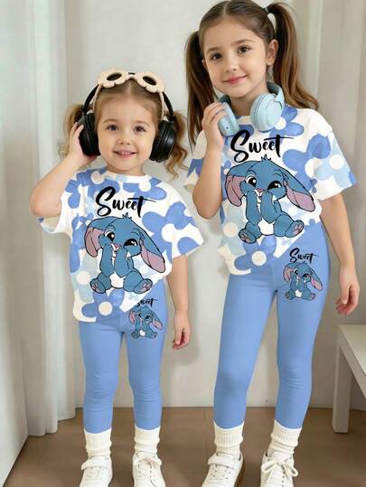 SHEIN 可爱卡通蓝色兔子露露和史迪奇图案，芭蕾舞风格，蓝色渐变花卉，女婴休闲宽松圆领短袖T恤和打底裤套装，适合春夏穿着，可爱夏季服装，夏季儿童单品