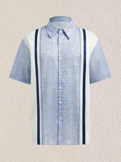 Mercer Haus Cămașă bărbătească ușoară, lejeră, cu mânecă scurtă, cu imprimeu textură bowling, cu dungi vintage