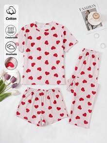 SHEIN Cute Heart Print Casual Relax Pijama Set With Three Pieces - Red and White - View 1