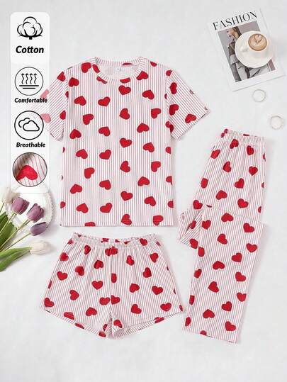 SHEIN Cute Heart Print Casual Relax Pijama Set With Three Pieces