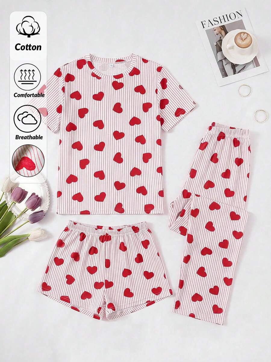 SHEIN Cute Heart Print Casual Relax Pijama Set With Three Pieces - Red and White - View 1