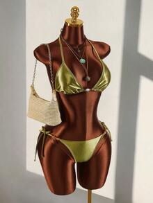 Amplova 女士泳衣套装，偏光闪亮三角系带串珠泳衣，可爱复古Y2K迷你套装，适合海滩度假 - 綠色 - 查看 5