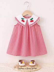 Cozy Pixies 女婴草莓图案撞色领无袖腰身连衣裙 - 紅色 - 查看 3