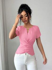 Elenzga Áo sơ mi nữ thanh lịch, kiểu dáng quấn, cổ tròn, tay ngắn, thắt eo, thích hợp đi làm, hẹn hò, mặc quanh năm vào mùa xuân/hè. Áo sơ mi công sở thanh lịch dành cho nữ, thích hợp dự tiệc, hẹn hò, văn phòng, kinh doanh, sinh hoạt hàng ngày vào mùa xuân/hè, mùa tốt nghiệp, Ngày Nhà giáo, tựu trường, Lễ Tạ ơn, áo sơ mi tay ngắn màu trơn đính hạt. - Hồng - Xem 5