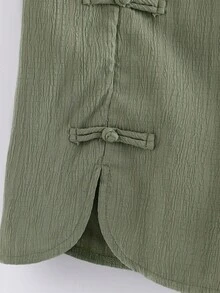 Linhara 大码女式夏季休闲、通勤及日常出行弹性腰圆边开衩设计中国结装饰纽扣短裤 - 綠色 - 查看 4