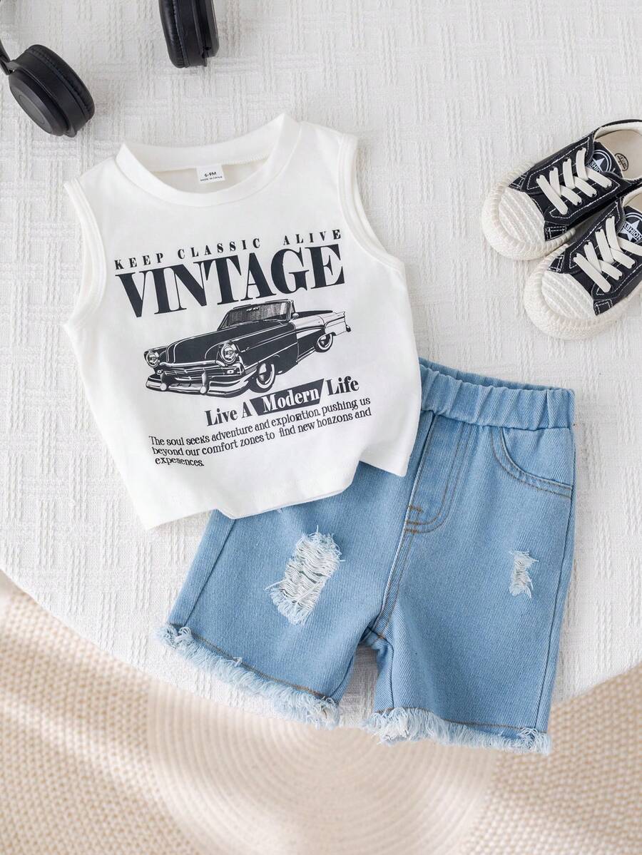 SHEIN 2 piezas Conjunto informal de verano para niño pequeño con top de tirantes con gráfico de coche y pantalones cortos de mezclilla - Multicolor - Ver 1
