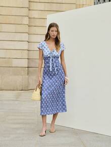 Nöista Blue Dress Features A Two-Tone Floral Print With A Flattering Tie-Front Neckline And Cap Sleeves. Daytime Events, Spring Summer, Easter. - Blue - View 1