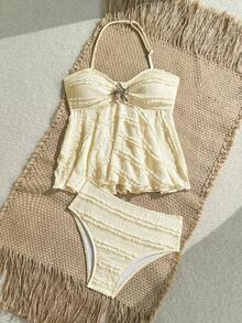 SHEIN Bộ đồ bơi 2 mảnh mùa hè cho bé gái, màu trơn, kiểu dây buộc cổ, trang trí kim loại, áo tankini và quần bikini tam giác, chất liệu nhăn, màu đào, họa tiết sao biển. - Màu vàng - Xem 6