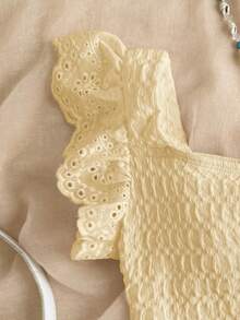 SHEIN Tween Girls' Casual Vacation Home Patchwork Embroidery Lace Textured Knit Fitted Cropped Square Neck T-Shirt, Yellow - Yellow - View 3