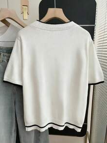 男士休闲撞色滚边圆领短袖针织上衣 - 白色 - 查看 2