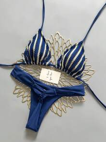 Swim Mod Bộ bikini hai mảnh mùa hè dành cho nữ, gồm áo tam giác buộc dây và quần bikini xếp ly, chất liệu vải dệt kim có họa tiết, thích hợp mặc đi biển. - Màu xanh lam - Xem 1